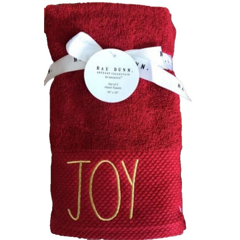 Rae Dunn Christmas Joy Hand Towels Set of 2 Guest Bath Red Gold Embroidered